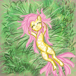 Size: 5000x5000 | Tagged: safe, artist:pwnyville, fluttershy, g4, absurd resolution, eyes closed, female, grass, on back, smiling, solo, wingless