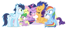 Size: 1550x700 | Tagged: safe, artist:dm29, applejack, flash sentry, fluttershy, pinkie pie, rainbow dash, rarity, soarin', spike, twilight sparkle, alicorn, dragon, pegasus, pony, unicorn, g4, female, imminent kissing, male, mane seven, mane six, mare, ship:flashlight, shipping, simple background, spin the bottle, stallion, straight, transparent background, twilight sparkle (alicorn)