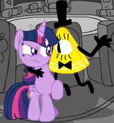 Size: 1844x1984 | Tagged: safe, twilight sparkle, alicorn, pony, g4, bill cipher, crossover, female, gravity falls, gray style, male, mare, twilight sparkle (alicorn), twilight's castle