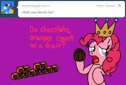 Size: 480x325 | Tagged: safe, pinkie pie, ask royal tongue pinkie, g4, ask, chocolate, crown, female, gif, non-animated gif, solo, tumblr