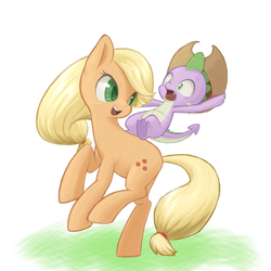 Size: 600x600 | Tagged: safe, artist:ringo, applejack, spike, dragon, earth pony, pony, fall weather friends, g4, baby, baby dragon, cowboy hat, cute, dragons riding ponies, duo, duo male and female, female, hat, jackabetes, male, pixiv, riding, rodeo, spikabetes, spike riding applejack