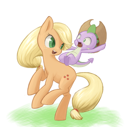 Size: 600x600 | Tagged: safe, artist:ringo, applejack, spike, dragon, earth pony, pony, fall weather friends, g4, baby, baby dragon, cowboy hat, cute, dragons riding ponies, duo, duo male and female, female, hat, jackabetes, male, pixiv, riding, rodeo, spikabetes, spike riding applejack, wingless spike