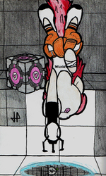 Size: 1078x1792 | Tagged: safe, artist:doctorgiratina, roseluck, earth pony, pony, g4, :p, aperture science, bandage, boots, chell, clothes, companion cube, falling, female, floppy ears, jumpsuit, long fall horseshoe, mare, physics, portal, portal (valve), portal 2, portal gun, science, smiling, solo, test chamber, tongue out, traditional art, upside down, valve, video game