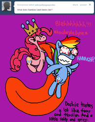 Size: 480x615 | Tagged: safe, pinkie pie, rainbow dash, ask royal tongue pinkie, g4, ask, crown, licking, tongue out, tumblr