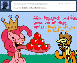 Size: 480x395 | Tagged: safe, applejack, pinkie pie, ask royal tongue pinkie, g4, apple, ask, crown, tongue out, tumblr