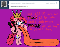 Size: 640x500 | Tagged: safe, pinkie pie, earth pony, pony, ask royal tongue pinkie, g4, ask, bipedal, crown, female, solo, tongs, tumblr