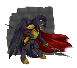 Size: 1600x1400 | Tagged: safe, artist:junkyardgypsy, artist:whipstitch, oc, oc only, oc:rome silvanus, pegasus, pony, armor, multicolored hair, solo, spear, weapon, wings