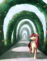 Size: 1917x2493 | Tagged: safe, artist:shedence, roseluck, earth pony, pony, g4, :3, arch, female, mare, raised hoof, solo, walking