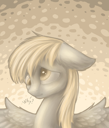 Size: 3500x4100 | Tagged: safe, artist:shedence, derpy hooves, pegasus, pony, g4, abstract background, female, floppy ears, mare, sad, solo, spread wings