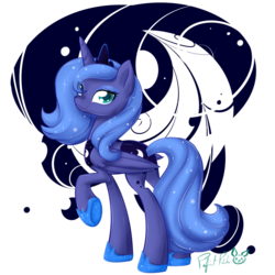 Size: 1600x1600 | Tagged: safe, artist:piichu-pi, princess luna, alicorn, pony, g4, :3, eye clipping through hair, female, looking at you, looking back, looking back at you, mare, raised hoof, s1 luna, smiling, solo