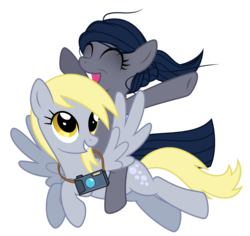 Size: 1964x1851 | Tagged: safe, artist:reitanna-seishin, derpy hooves, oc, oc:minkie pie, pegasus, pony, g4, camera, duo, female, flying, mare, minkie pie riding derpy, ponies riding ponies, riding, simple background, transparent background, vector