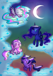 Size: 900x1283 | Tagged: safe, artist:lifekore, princess cadance, princess celestia, princess luna, twilight sparkle, alicorn, pony, g4, :3, alicorn tetrarchy, chibi, cloud, cloudy, cute, female, flying, mare, missing accessory, moon, prone, sleeping, smiling, twilight sparkle (alicorn)