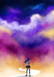 Size: 6997x9811 | Tagged: safe, artist:tao-mell, twilight sparkle, human, g4, absurd resolution, arms wide open, clothes, cloud, female, humanized, miniskirt, path, skirt, socks, solo, thigh highs, thigh socks, windswept hair