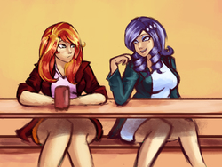 Size: 4000x3000 | Tagged: safe, artist:checkerboardazn, rarity, sunset shimmer, human, g4, clothes, female, humanized, lesbian, shipping, sitting, sunsarity, table