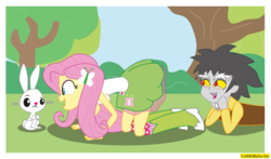 Size: 2685x1579 | Tagged: safe, artist:conikiblasu-fan, angel bunny, discord, fluttershy, rabbit, equestria girls, g4, animal, blushing, clothes, eyes on the prize, female, humanized, looking at butt, male, pervert, ship:discoshy, shipping, skirt, straight, tank top