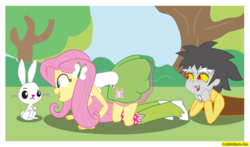 Size: 2685x1579 | Tagged: safe, artist:conikiblasu-fan, angel bunny, discord, fluttershy, rabbit, equestria girls, g4, animal, blushing, clothes, eyes on the prize, female, humanized, looking at butt, male, pervert, ship:discoshy, shipping, skirt, straight, tank top, trio