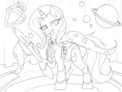Size: 800x600 | Tagged: safe, artist:mr-tiaa, trixie, pony, unicorn, g4, alternate clothes, cape, clothes, female, hat, mare, monochrome, open mouth, solo, space, stage, trixie's cape, trixie's hat