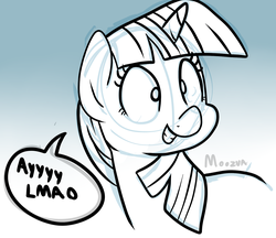 Size: 1280x1106 | Tagged: safe, artist:moozua, twilight sparkle, pony, unicorn, ayy lmao, female, grin, mare, monochrome, reaction image, smiling, solo, speech bubble, squee, wide eyes