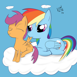 Size: 5000x5000 | Tagged: safe, artist:void236, rainbow dash, scootaloo, pegasus, pony, g4, absurd resolution, cloud, preening, scootalove