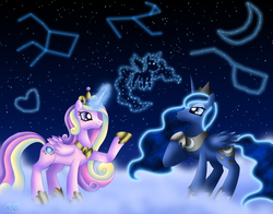 Size: 2338x1829 | Tagged: safe, artist:rose-beuty, princess cadance, princess luna, alicorn, pony, g4, constellation, duo, duo female, female, mare