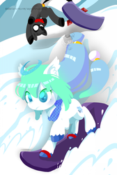 Size: 500x745 | Tagged: safe, artist:snow angel, oc, oc only, oc:black ink, pony, clothes, duo, female, mare, palindrome get, ponified, scarf, snow, snowboard, unshorn fetlocks, windswept mane, winter