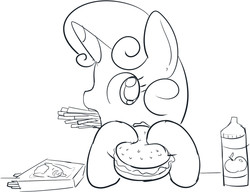 Size: 826x634 | Tagged: safe, artist:mcsadat, sweetie belle, g4, apple juice, burger, eating, female, food, french fries, grayscale, juice, monochrome, solo