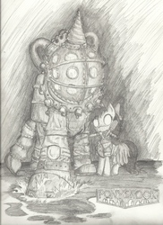 Size: 1000x1373 | Tagged: safe, artist:eternal-equilibrium, big daddy, bioshock, crossover, little sister, monochrome, traditional art