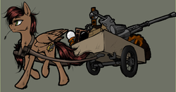 Size: 1280x672 | Tagged: safe, artist:madhotaru, oc, oc only, pegasus, pony, cannon, cart, dirty, fluffy, gears, mouth hold, solo, television, walking, weapon, wings