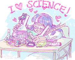 Size: 813x655 | Tagged: safe, artist:ddhew, twilight sparkle, human, g4, abstract background, adorkable, beaker, clothes, cute, dialogue, dork, eyes closed, female, goggles, happy, heart, humanized, lab coat, microscope, moderate dark skin, science, smiling, solo, table, test tube, that pony sure does love science, twiabetes