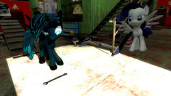 Size: 1024x576 | Tagged: safe, artist:maxressor, oc, oc only, oc:dinny, oc:screentex, robot, 3d, dark pony, day, garage, gmod, lessons