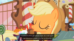 Size: 639x355 | Tagged: safe, screencap, applejack, rainbow dash, g4, the mysterious mare do well, meme, sugarcube corner, wat, youtube caption