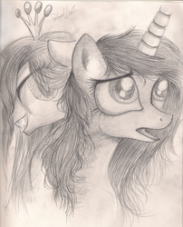 Size: 1294x1600 | Tagged: safe, artist:wourdeluck, princess cadance, queen chrysalis, alicorn, changeling, pony, g4, duo, female, grayscale, monochrome, sketch, traditional art