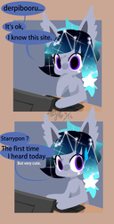 Size: 385x750 | Tagged: safe, artist:snow angel, oc, oc only, oc:starry, derpibooru, computer, meta, solo, sweatdrop