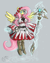 Size: 1200x1500 | Tagged: safe, artist:melancholy, fluttershy, anthro, g4, crossover, female, final fantasy, final fantasy xiv, magic, solo, staff, white mage