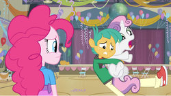 Size: 1280x720 | Tagged: safe, artist:dtkraus, edit, screencap, pinkie pie, snails, sweetie belle, pony, equestria girls, g4, choking, context is for the weak, heimlich maneuver, not creepy, wat