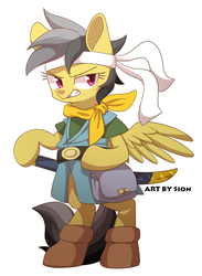 Size: 1209x1653 | Tagged: dead source, safe, artist:sion, daring do, g4, bipedal, chrono trigger, clothes, crono, crossover, female, katana, solo, sword, weapon