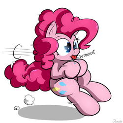 Size: 1500x1500 | Tagged: safe, artist:ramott, pinkie pie, earth pony, pony, g4, :p, cute, diapinkes, driving, female, fluffle puffing, imaginary car, motion lines, pinkie being pinkie, ponk, raspberry, silly, silly pony, simple background, solo, spit, tongue out, white background