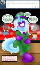 Size: 1260x2057 | Tagged: safe, artist:blackbewhite2k7, trixie, ask the gothamville sirens, g4, angry, ask, batman, blushing, cigarette, coffee, crossover, frustrated, the riddler, tumblr