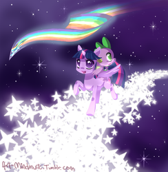 Size: 1181x1209 | Tagged: safe, artist:mindmusic, rainbow dash, spike, twilight sparkle, alicorn, pony, g4, female, mare, pixiv, stars, twilight sparkle (alicorn)