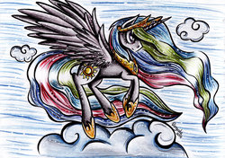 Size: 3475x2448 | Tagged: safe, artist:julunis14, princess celestia, g4, cloud, female, flying, high res, smiling, solo, traditional art