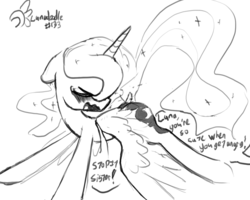 Size: 1280x1022 | Tagged: safe, artist:darkflame75, princess luna, lunadoodle, g4, angry, blushing, cute, dialogue, eyes closed, female, monochrome, open mouth, sketch, solo, spread wings, teasing, wavy mouth