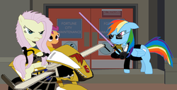 Size: 900x462 | Tagged: safe, fluttershy, rainbow dash, scootaloo, pegasus, pony, g4, chuck greene, clothes, dead rising, dead rising 2: off the record, female, filly, frank west, lightsaber, mare