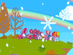 Size: 640x480 | Tagged: safe, screencap, cheerilee (g3), pinkie pie (g3), rainbow dash (g3), scootaloo (g3), starsong, sweetie belle (g3), toola-roola, g3, g3.5, twinkle wish adventure, animated, core seven, double rainbow, dreams do come true, ending, female, logo, male, my little pony logo, rainbow, snow, snowfall