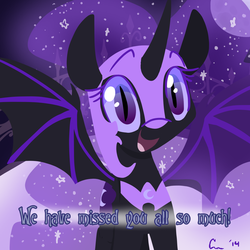 Size: 1000x1000 | Tagged: safe, artist:rivalcat, nightmare moon, g4, discordnightmaremoon, female, looking at you, moon, nicemare moon, open mouth, smiling, solo, spread wings, tumblr