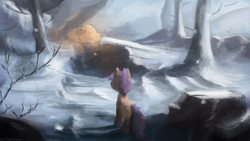 Size: 4000x2250 | Tagged: safe, artist:fuzzyfox11, scootaloo, g4, female, high res, scenery, snow, snowfall, solo, winter