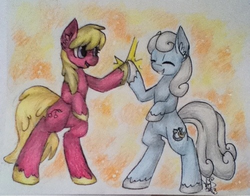 Size: 500x391 | Tagged: safe, artist:darkpiplup1, artist:foxesgoquack, cherry berry, linky, shoeshine, earth pony, pony, g4, duo, duo female, eyes closed, female, friends, hoofbump, mare, open mouth, traditional art, unshorn fetlocks