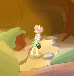 Size: 991x1024 | Tagged: safe, artist:thesombrashyshady, fluttershy, anthro, g4, female, forest, scenery, solo
