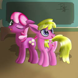 Size: 2500x2500 | Tagged: safe, artist:mrbrunoh1, cheerilee, cherry berry, earth pony, pony, g4, chalkboard, duo, duo female, female, high res, one eye closed, wink