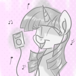 Size: 500x500 | Tagged: safe, artist:frostykat13, twilight sparkle, g4, eyes closed, female, headphones, ipod, monochrome, mp3 player, music notes, solo