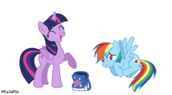 Size: 2872x1600 | Tagged: safe, artist:mixiepie, rainbow dash, twilight sparkle, alicorn, pony, g4, backpack, female, lesbian, mare, ship:twidash, shipping, simple background, transparent background, twilight sparkle (alicorn), vector